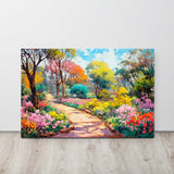 Flower garden canvas print displayed in a bedroom on isplay