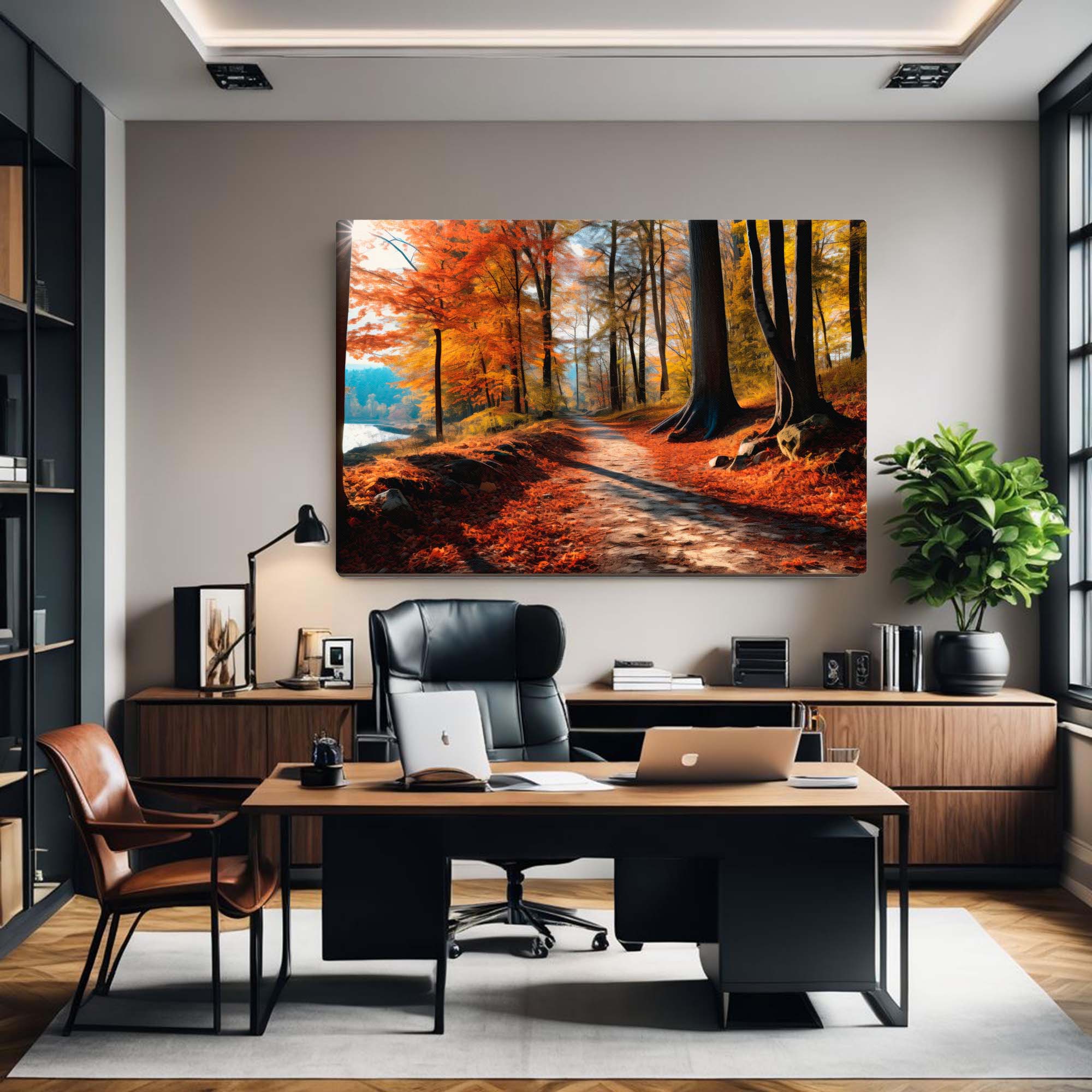  Forest path photography canvas displayed in an office