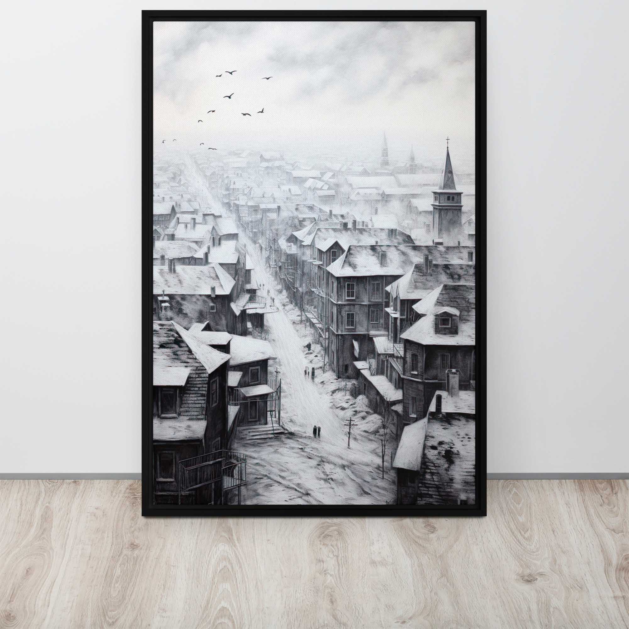 Frozen Memories – Art Fusion framed canvas of a snow-covered Hungarian city street at evening  on display