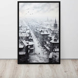 Frozen Memories – Art Fusion framed canvas of a snow-covered Hungarian city street at evening  on display