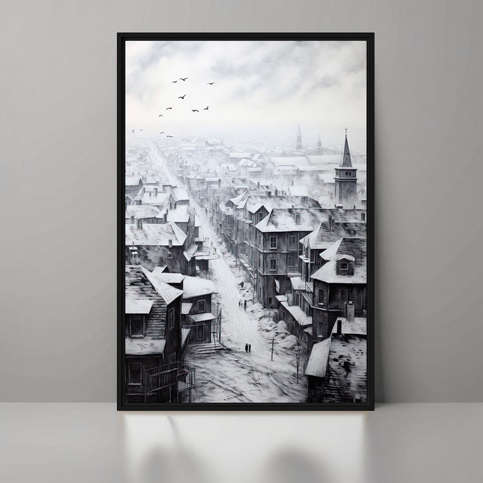 Frozen Memories – Art Fusion framed canvas of a snow-covered Hungarian city street at evening – Art Fusion Store