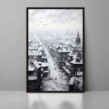 Frozen Memories – Art Fusion framed canvas of a snow-covered Hungarian city street at evening – Art Fusion Store