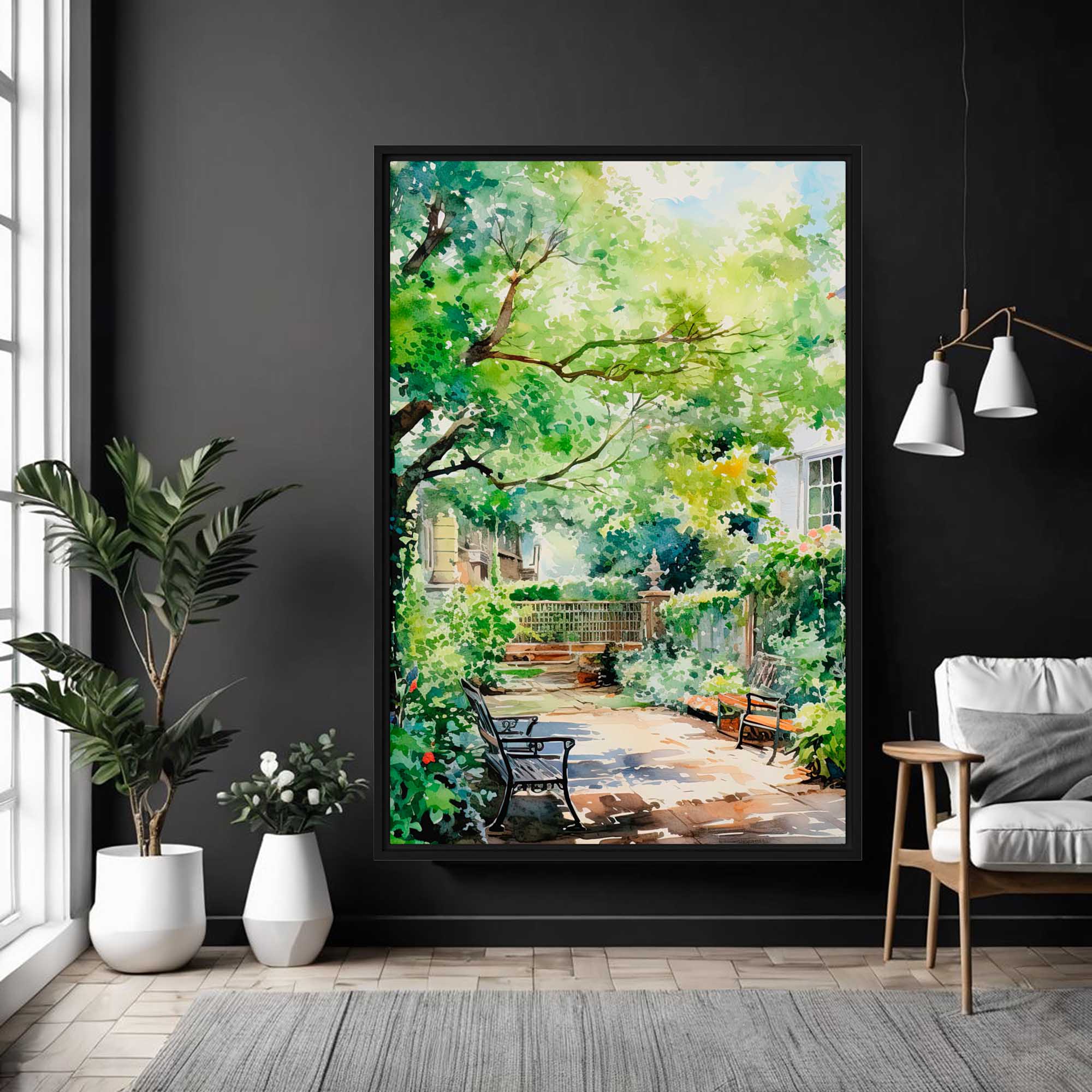 Garden Serenity– Art Fusion Framed Canvas Framed painting of a garden scene on a black wall with decor elements.