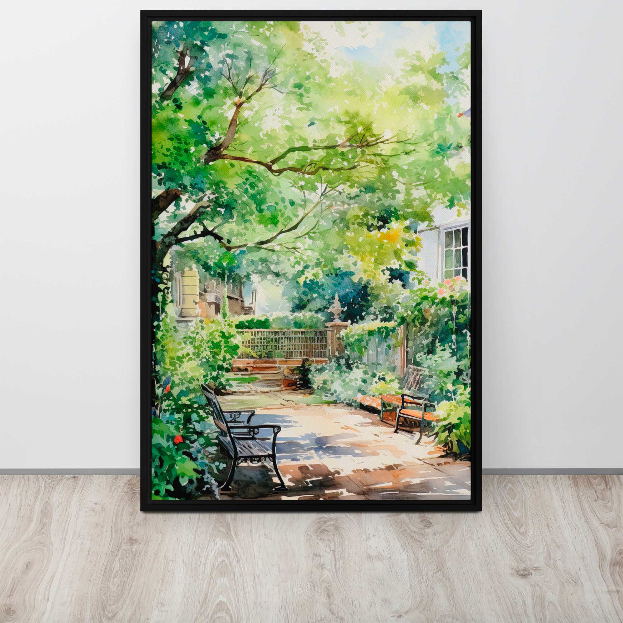 Framed painting of a garden scene with trees and benches on a white wall.