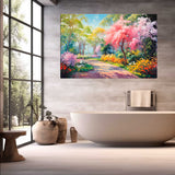  Garden atmosphere canvas displayed in a bathroom