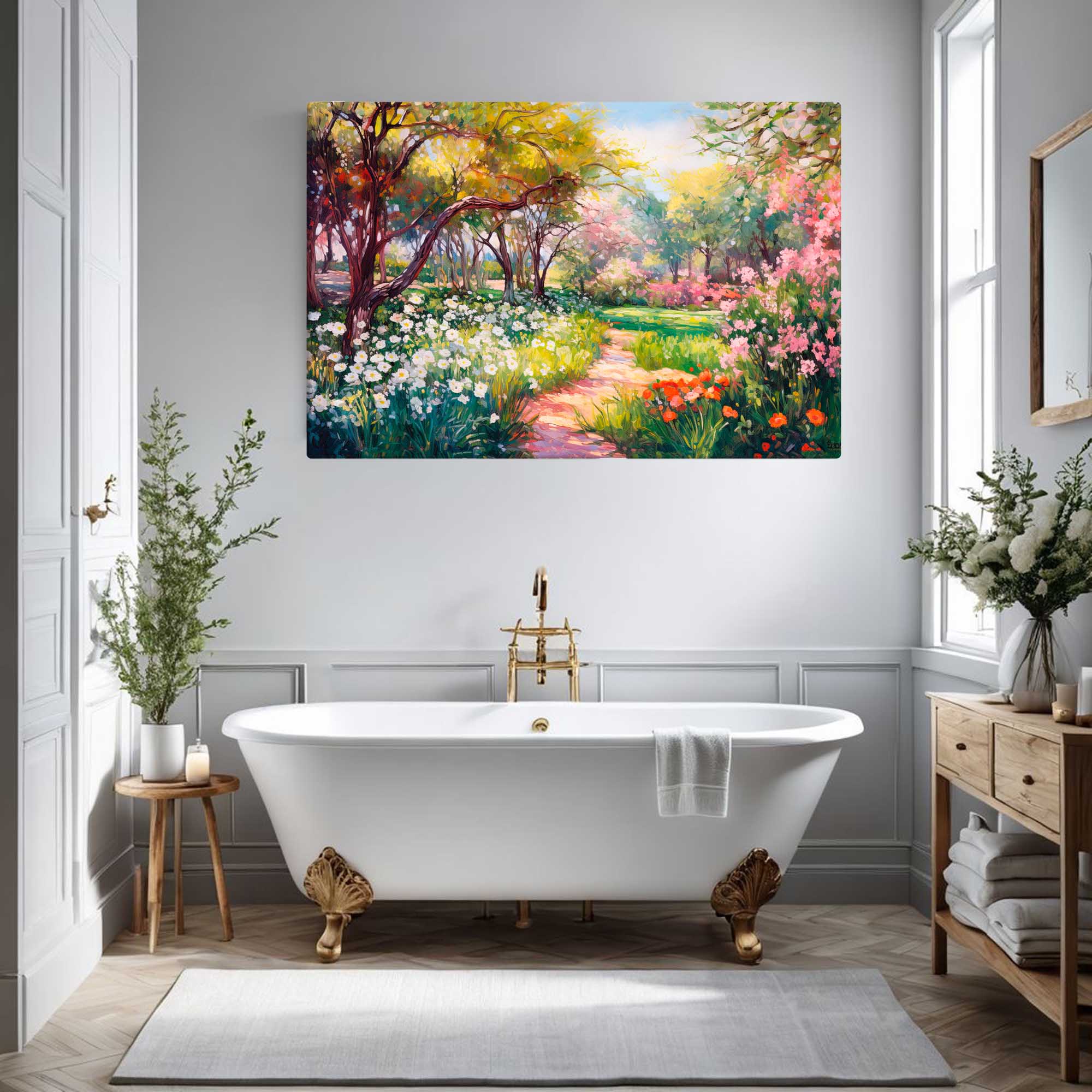  Garden gateway canvas displayed in an bathroom