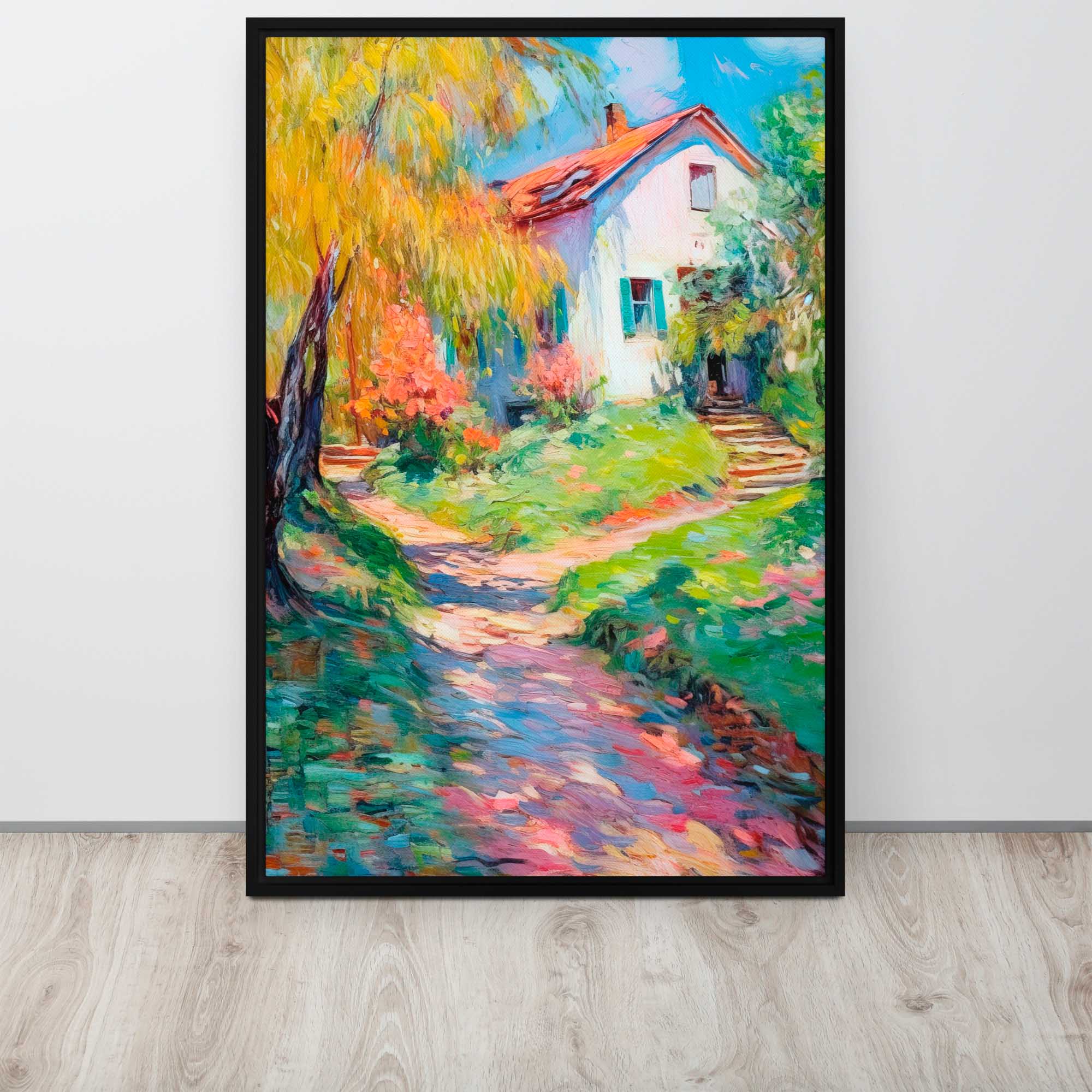 Garden path art print framed canvas in a bright entryway 