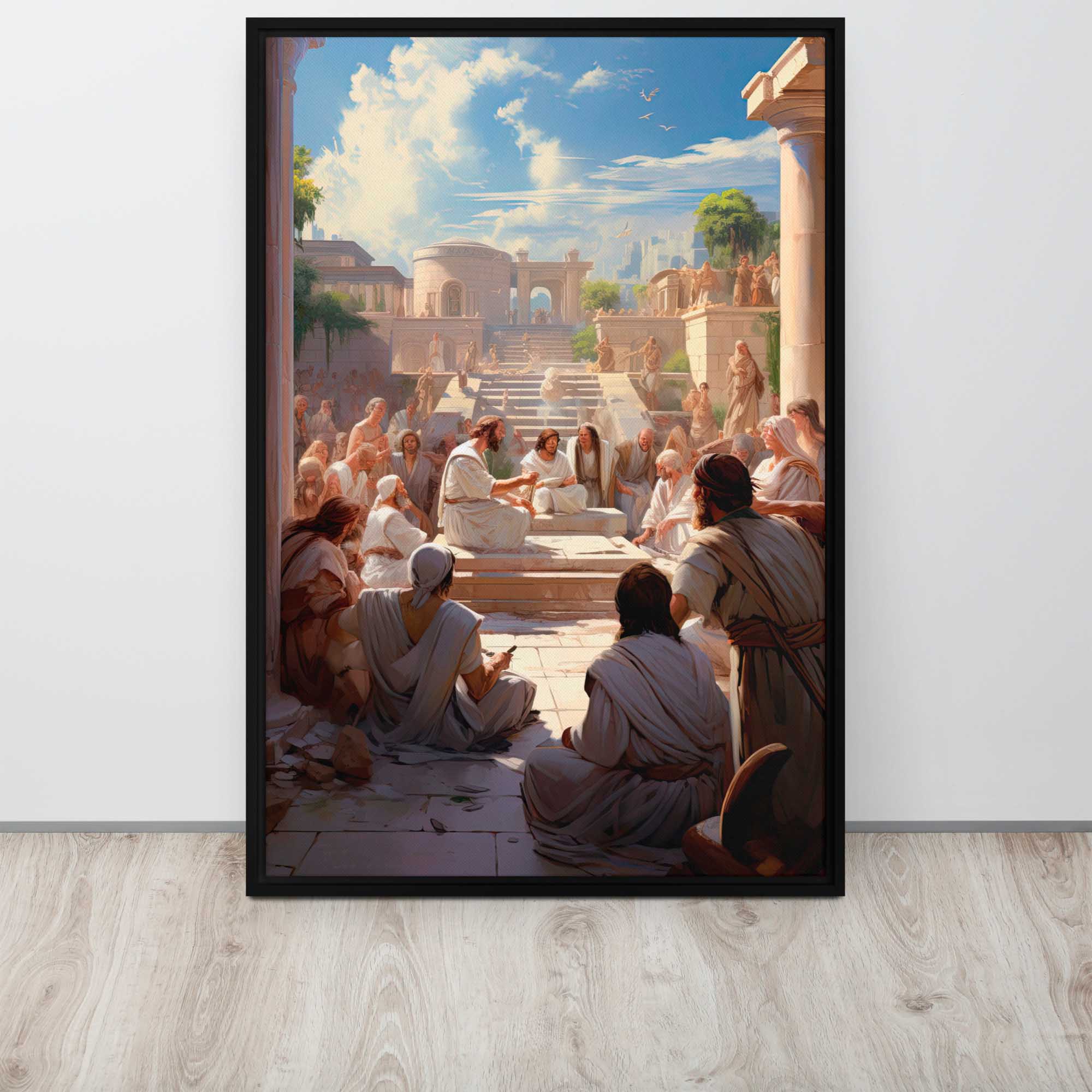Framed artwork of a classical scene with people in togas sitting on steps.