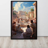 Framed artwork of a classical scene with people in togas sitting on steps.