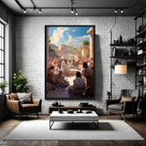 Gathering of the Ancients – Art Fusion framed canvas of figures assembled at a Greek outdoor temple – Art Fusion Store