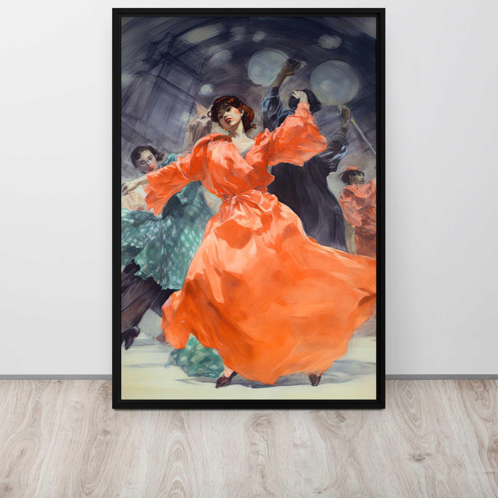  Harmony in Motion – Art Fusion Framed artwork of a woman in an orange dress dancing with other figures in a room.