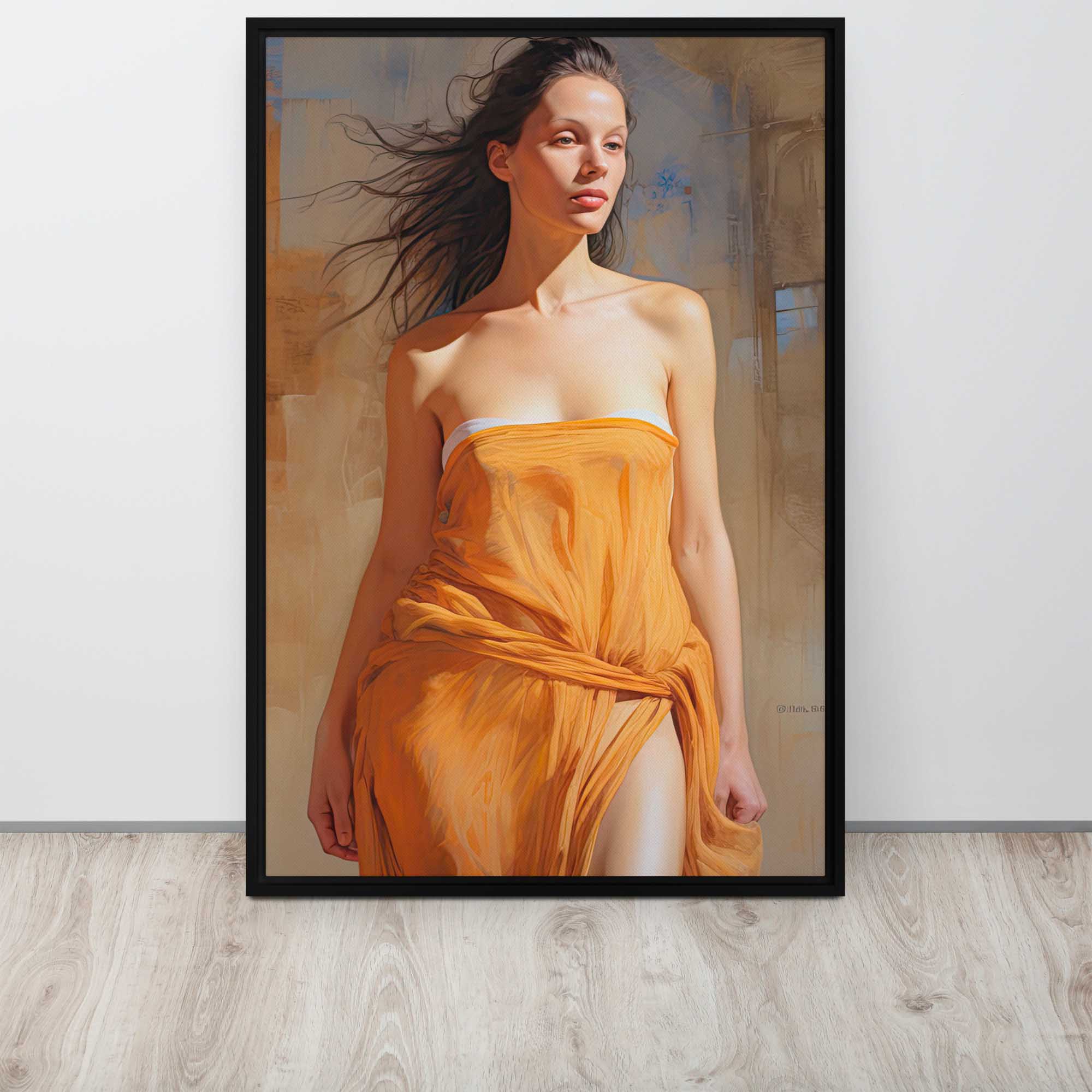 Framed painting of a woman in an orange dress on a white wall.
