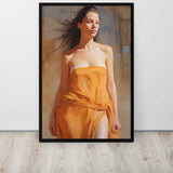 Framed painting of a woman in an orange dress on a white wall.
