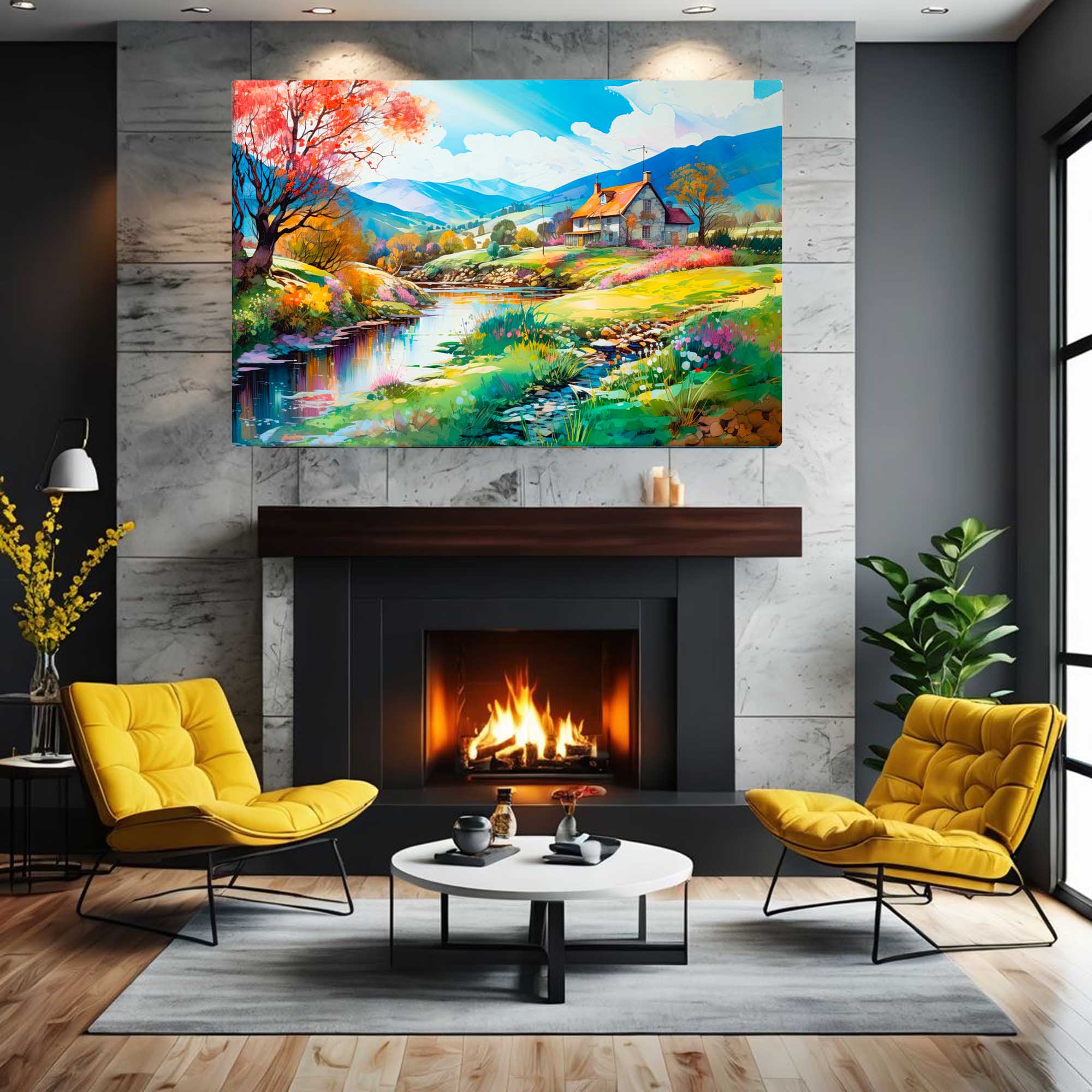  Idyllic Farm Home Painting – Art Fusion canvas print of a farmhouse alongside a charming creek side – Art Fusion Store