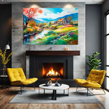  Idyllic Farm Home Painting – Art Fusion canvas print of a farmhouse alongside a charming creek side – Art Fusion Store