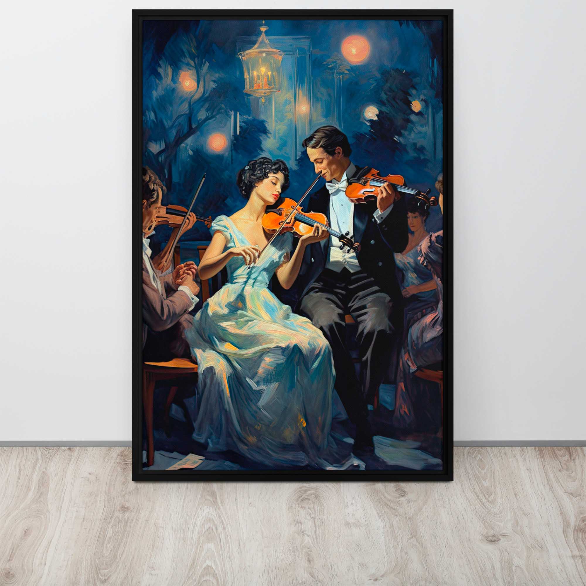 Framed artwork of a couple playing violin in a romantic setting.