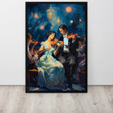 Framed artwork of a couple playing violin in a romantic setting.