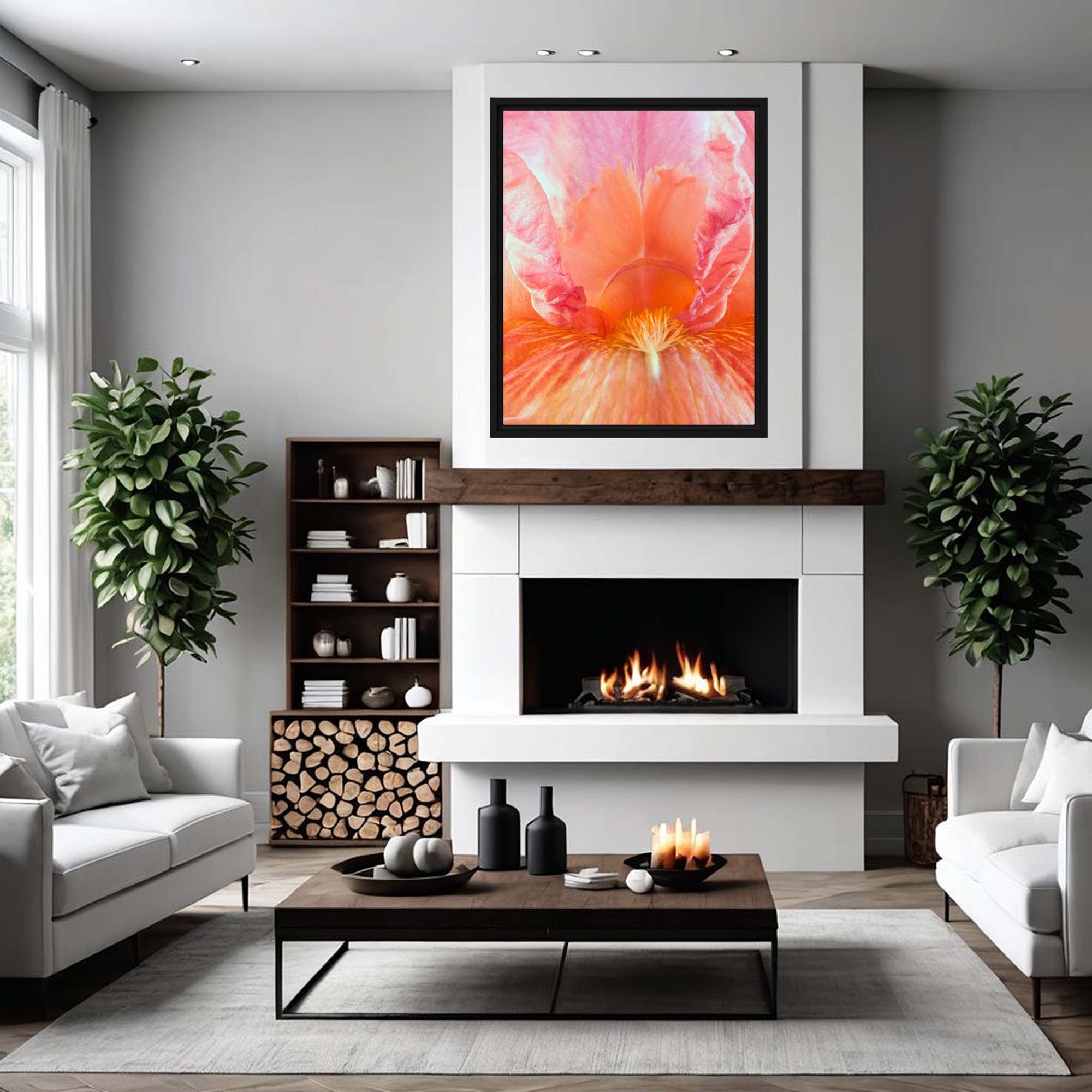 Modern living room with a pink flower artwork above a fireplace.
