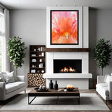 Modern living room with a pink flower artwork above a fireplace.