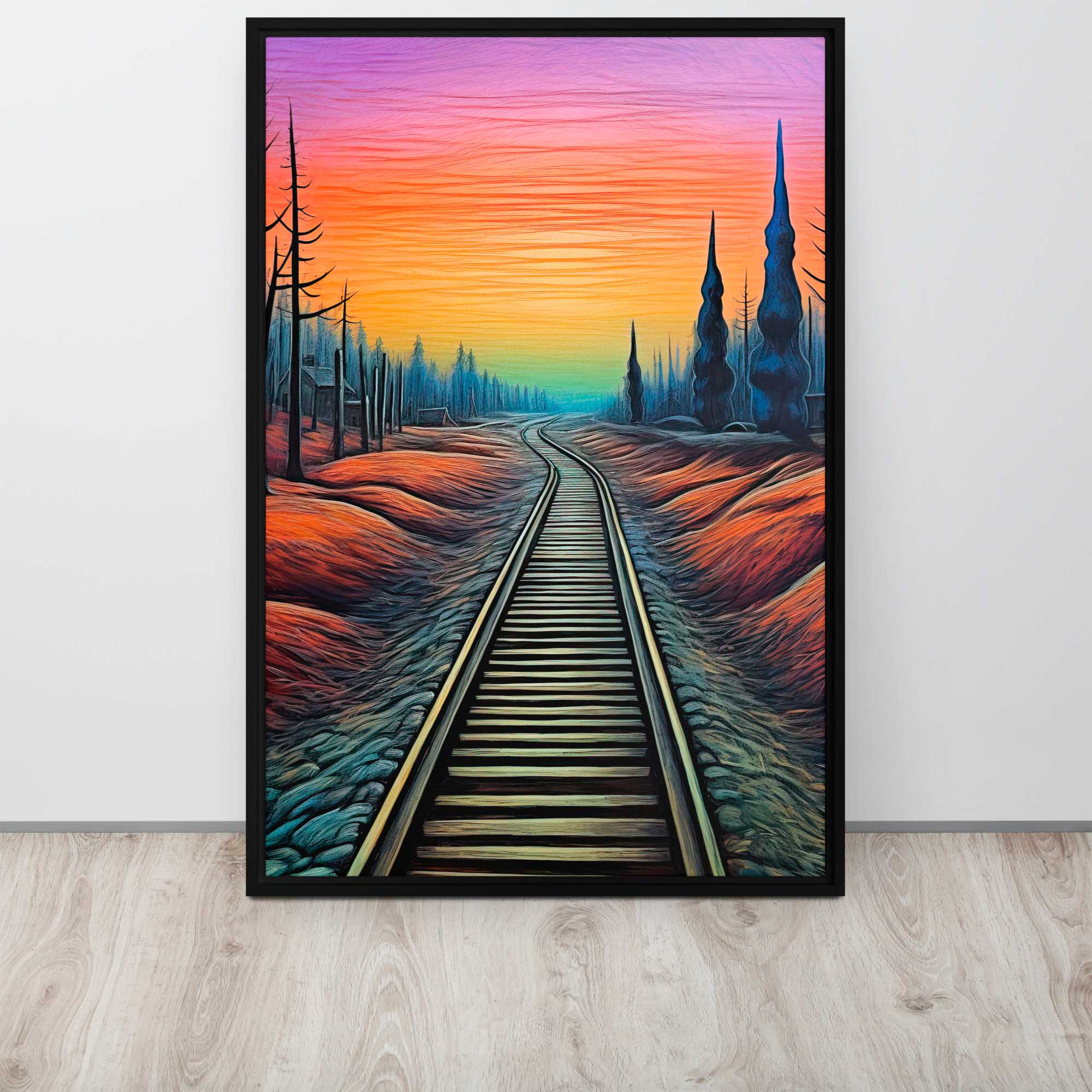 Journey to the Dawn – Art Fusion Framed Canvas Framed artwork of a colorful landscape with train tracks leading into the distance.