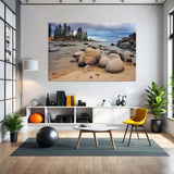 Living room with a large wall-mounted picture of a beach scene.