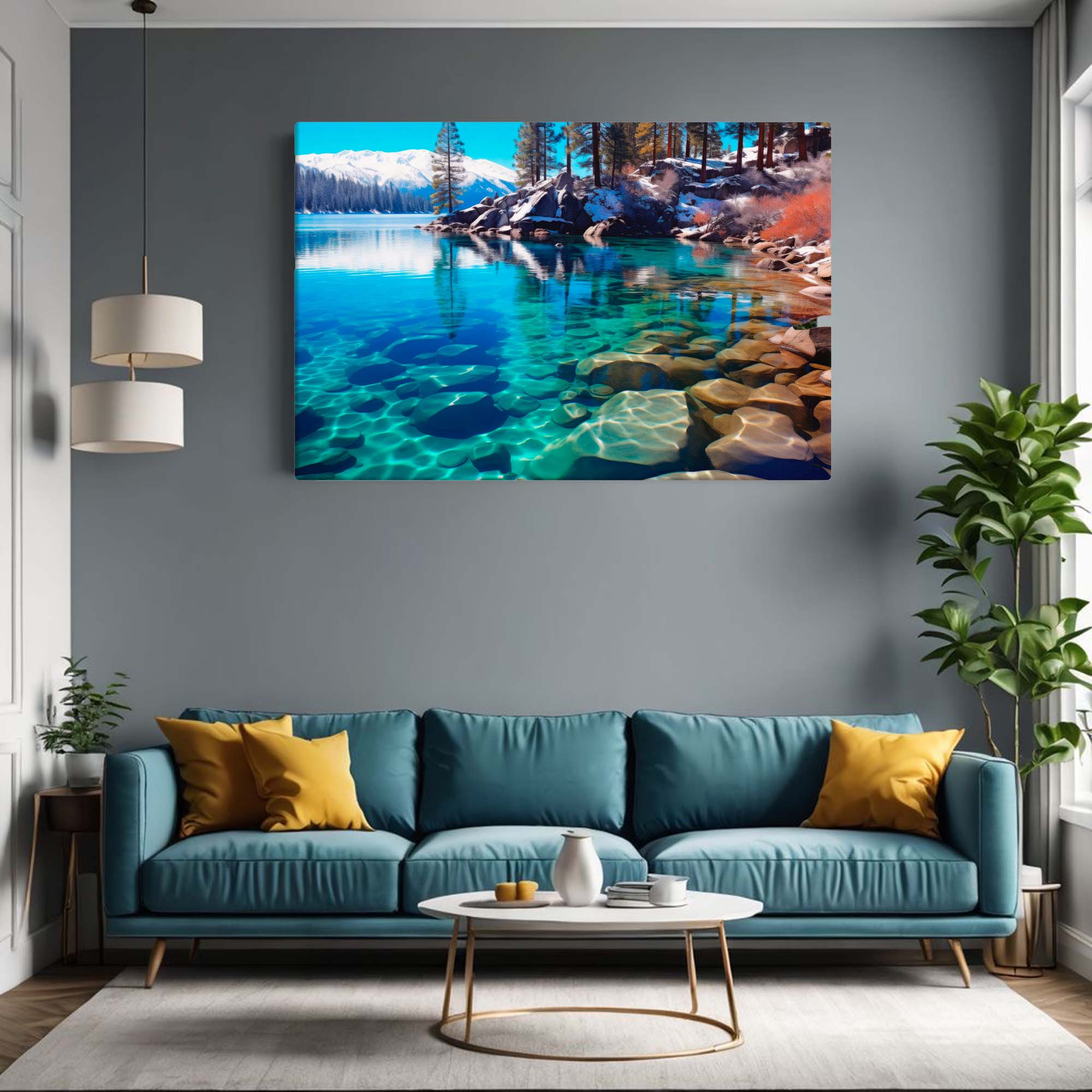Living room with a large wall-mounted canvas depicting a lake and mountains, a blue sofa, and a plant.