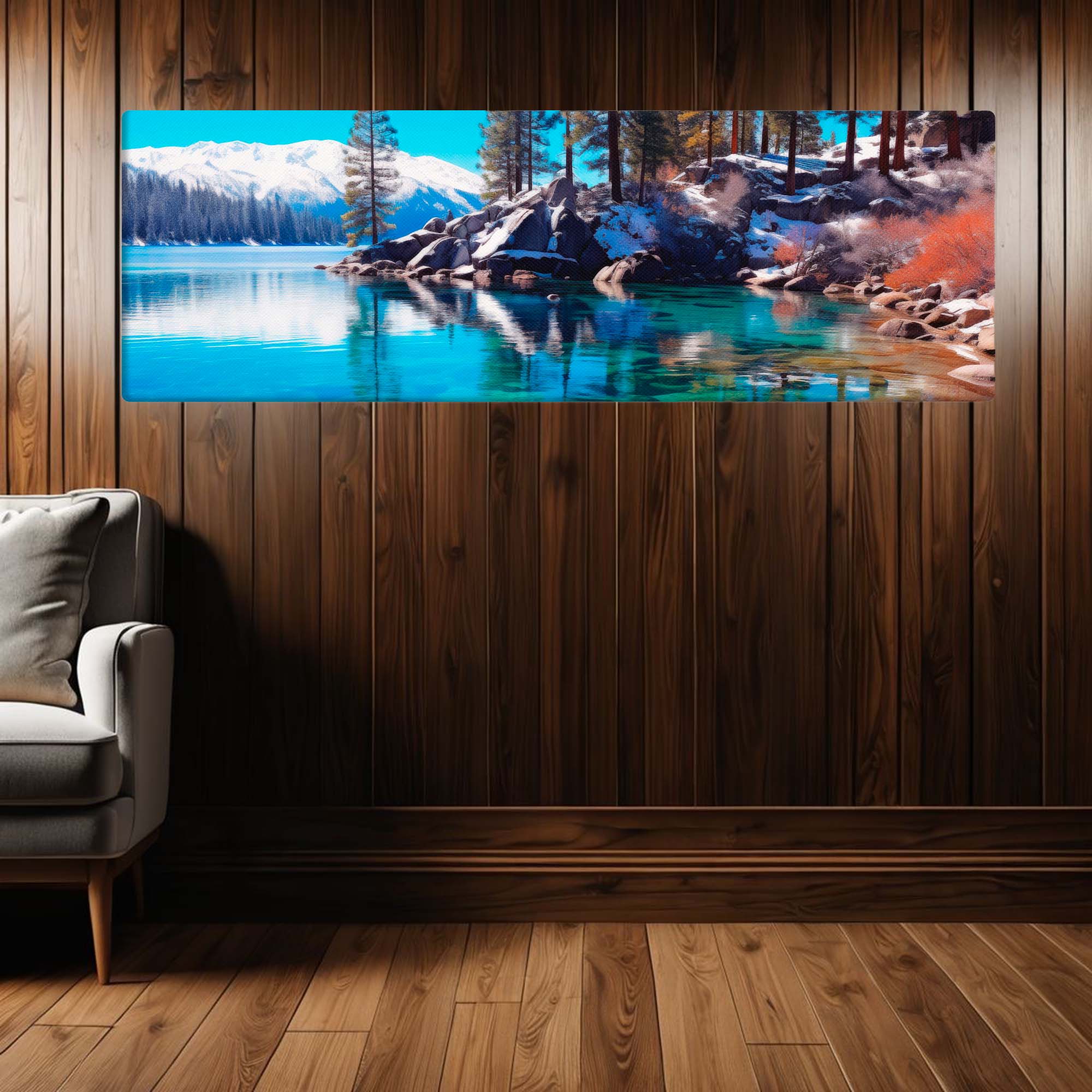 Panoramic landscape of a lake and mountains on a wooden wall in a living room.