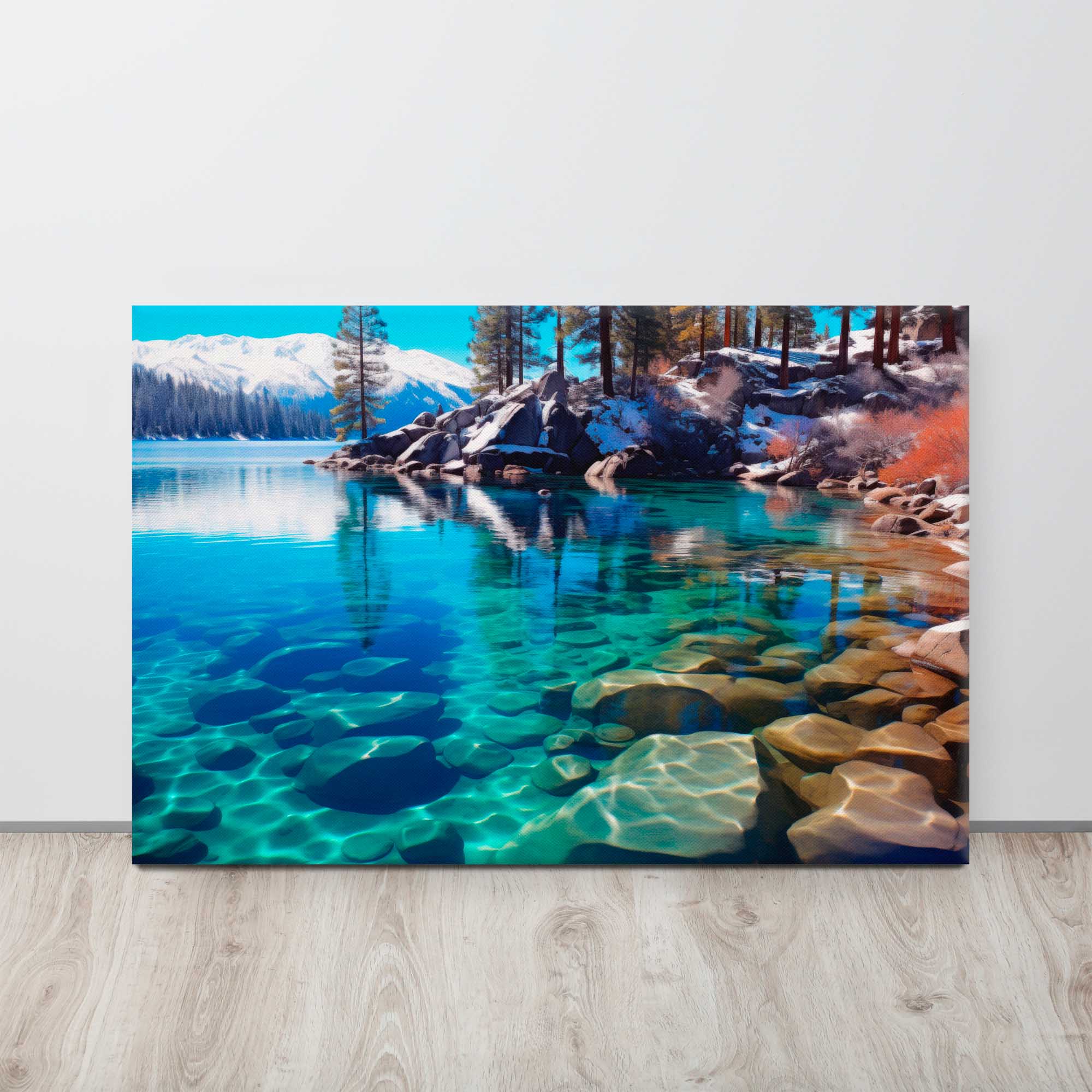 Canvas print of a lake with mountains and trees on a wall.