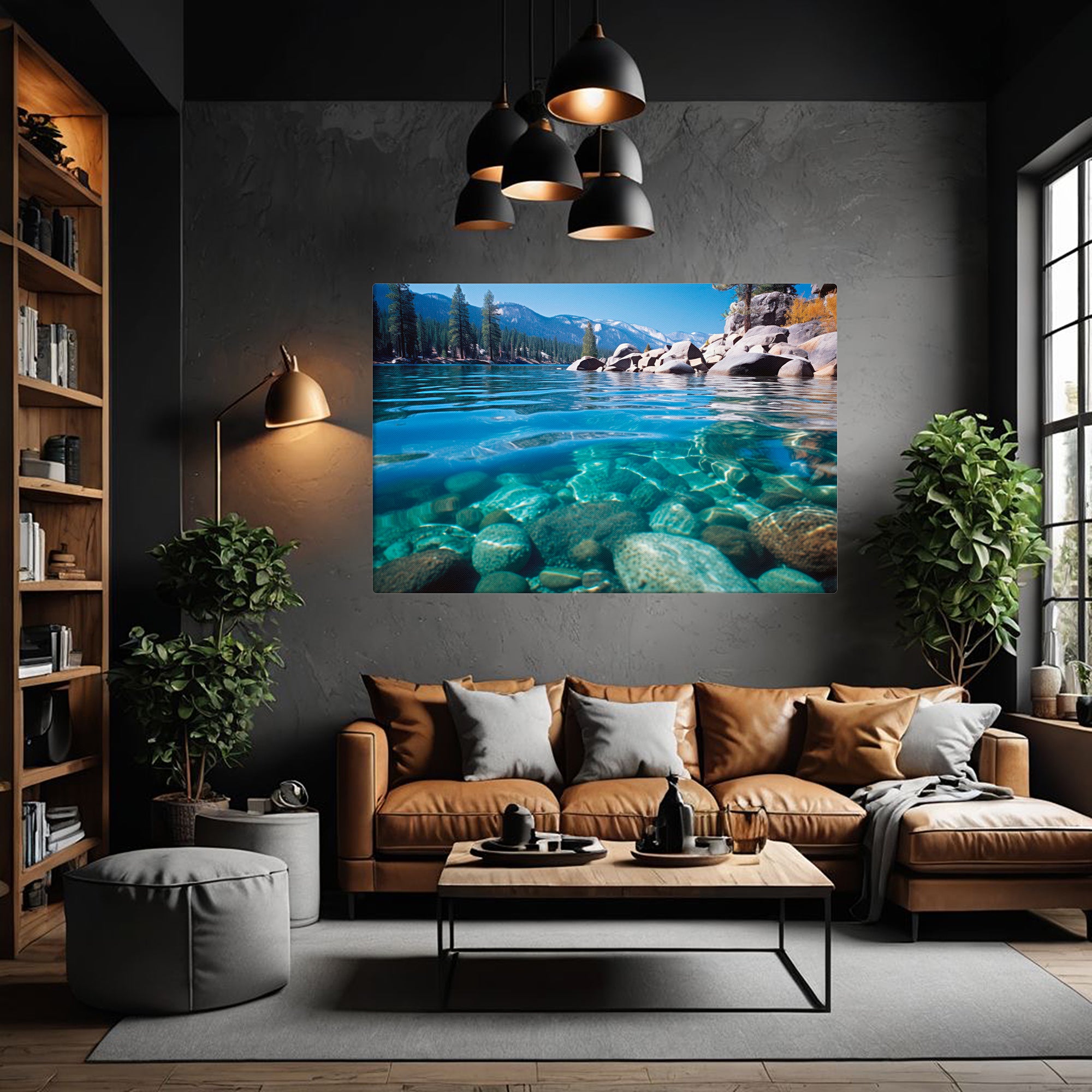 Living room with a large wall-mounted canvas of a lake scene, brown sofa, and decorative lighting.