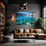 Living room with a large wall-mounted canvas of a lake scene, brown sofa, and decorative lighting.