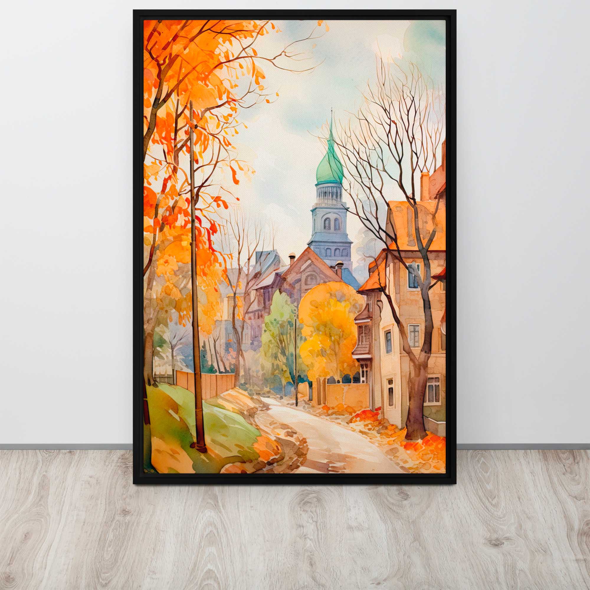 Framed painting of a colorful autumn scene with trees and buildings.