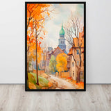Framed painting of a colorful autumn scene with trees and buildings.