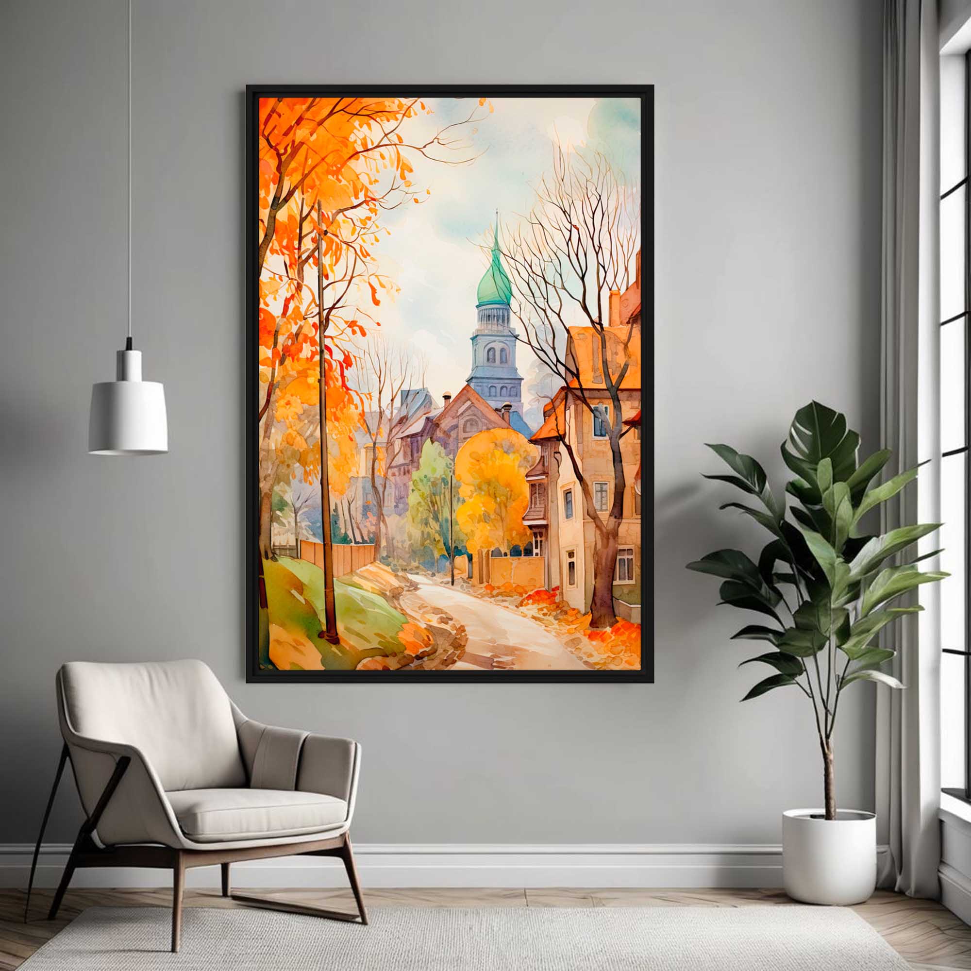  Living the European Dream – Art Fusion framed canvas of a vibrant 1950s European street – Art Fusion Store Framed painting of a village scene with autumn trees in a modern living room.