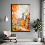  Living the European Dream – Art Fusion framed canvas of a vibrant 1950s European street – Art Fusion Store Framed painting of a village scene with autumn trees in a modern living room.