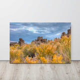 Canvas print of a desert landscape with yellow bushes and rocky formations under a cloudy sky.
