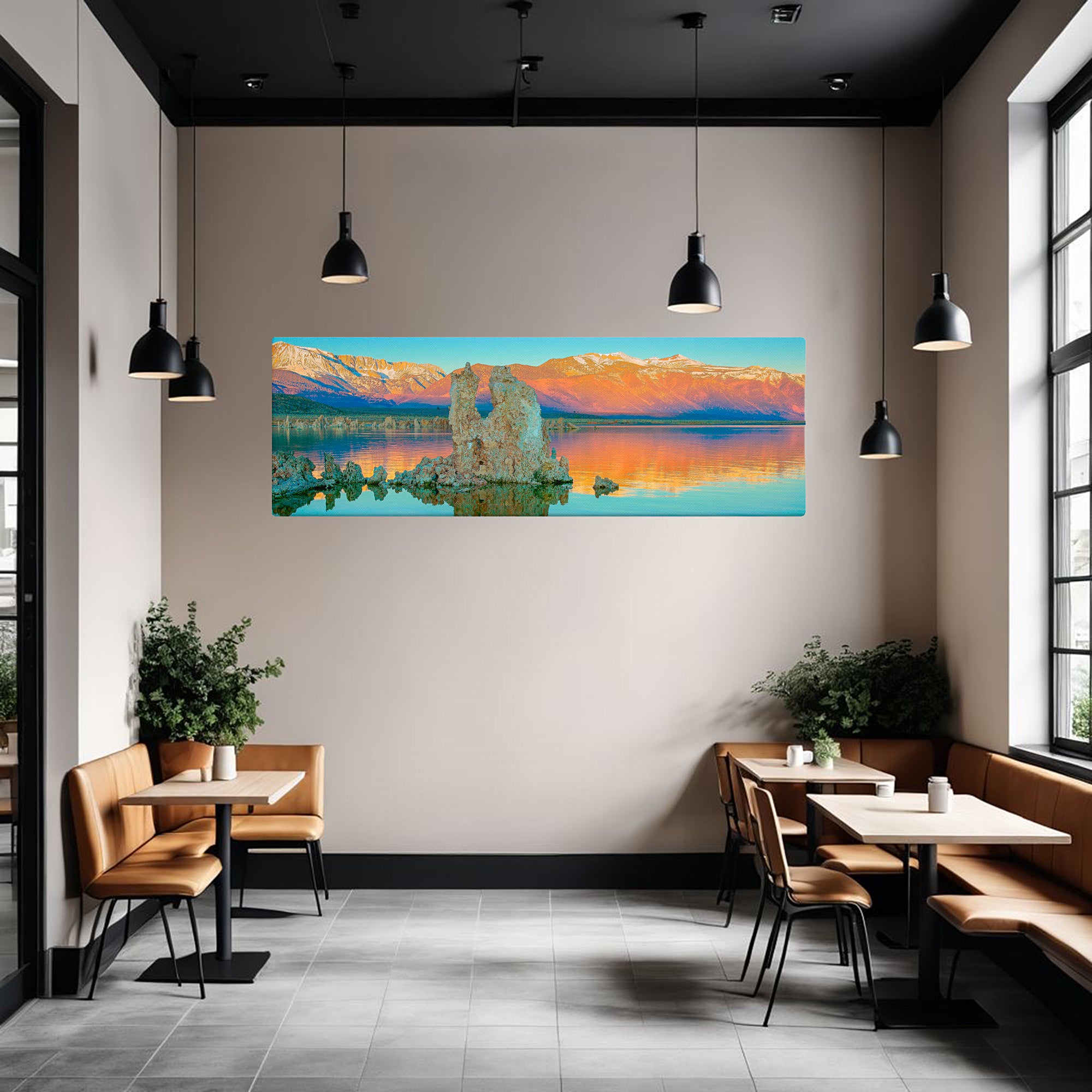 Restaurant interior with a large wall-mounted painting of a lake and mountains.