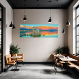 Restaurant interior with a large wall-mounted painting of a lake and mountains.