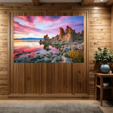 Large canvas print of a sunset over a Mono Lake in a room with wooden walls.