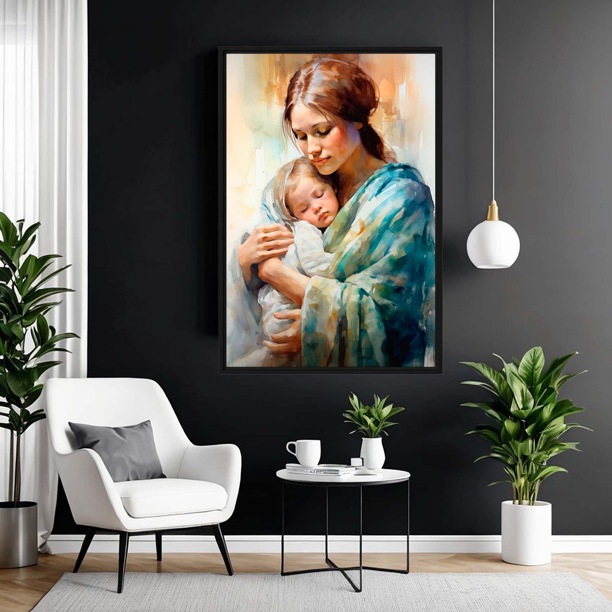 Mother and Child of Yesteryear – Art Fusion Framed Canvas Framed artwork of a woman holding a child in a modern living room.
