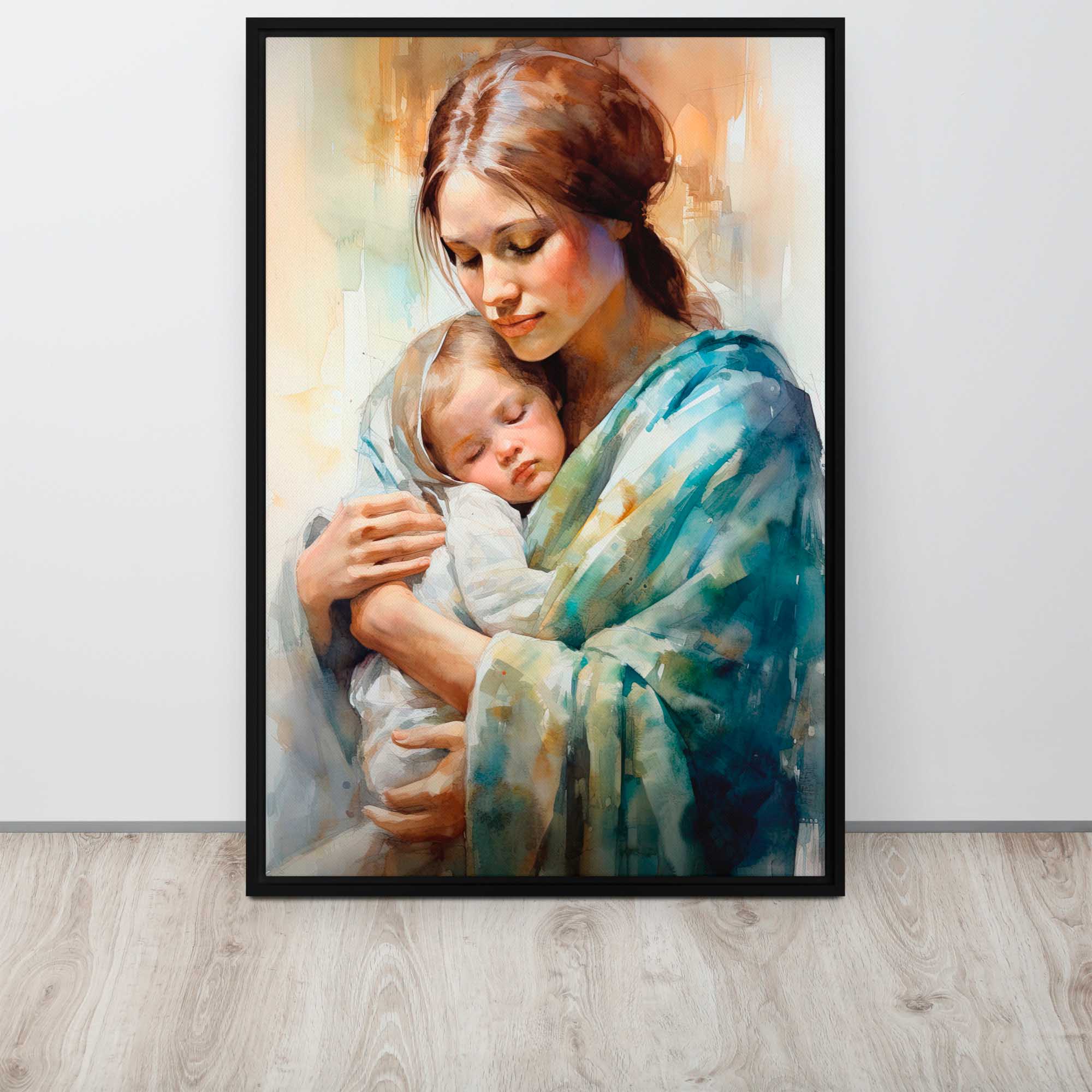 Framed artwork of a woman holding a baby against a white wall.
