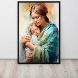 Framed artwork of a woman holding a baby against a white wall.