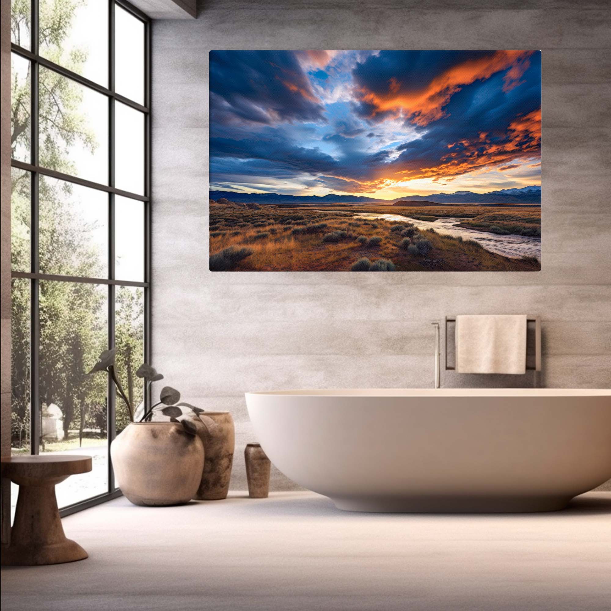 Bathroom with a large canvas print of a sunset over a river.