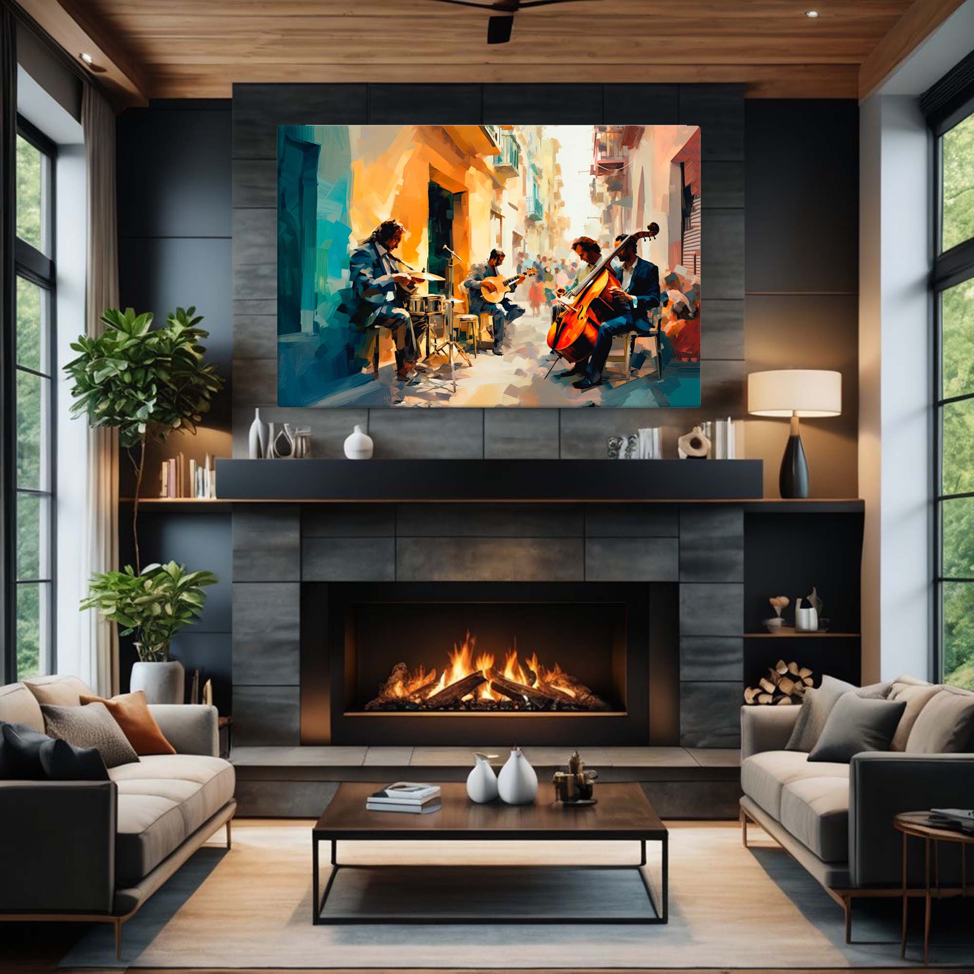 Musicians Street Scene – Art Fusion canvas print of street performers in a European setting – Art Fusion Store 