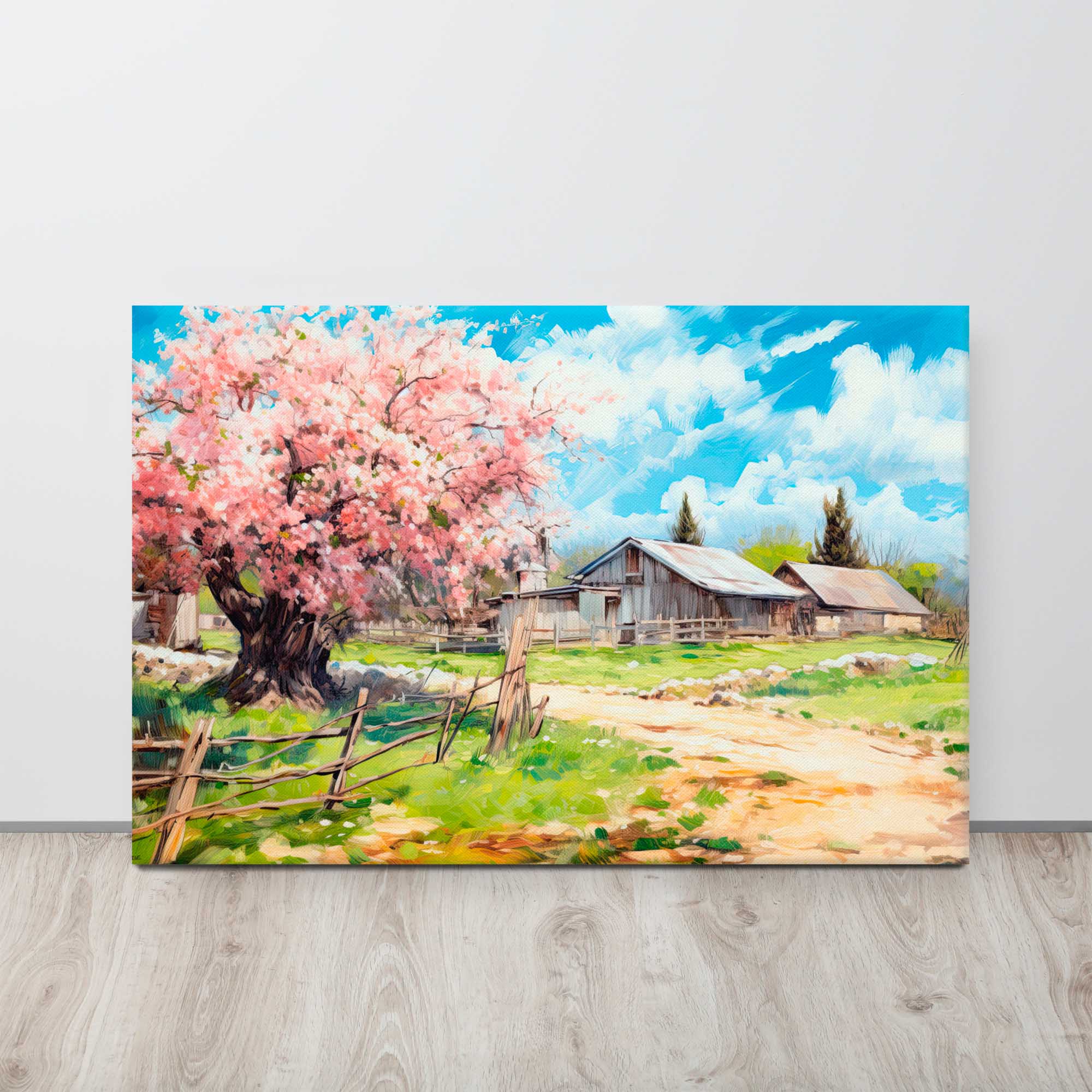  Old world farmland art print on display
