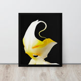 Framed photograph of a yellow flower against a black background on a light wood floor.