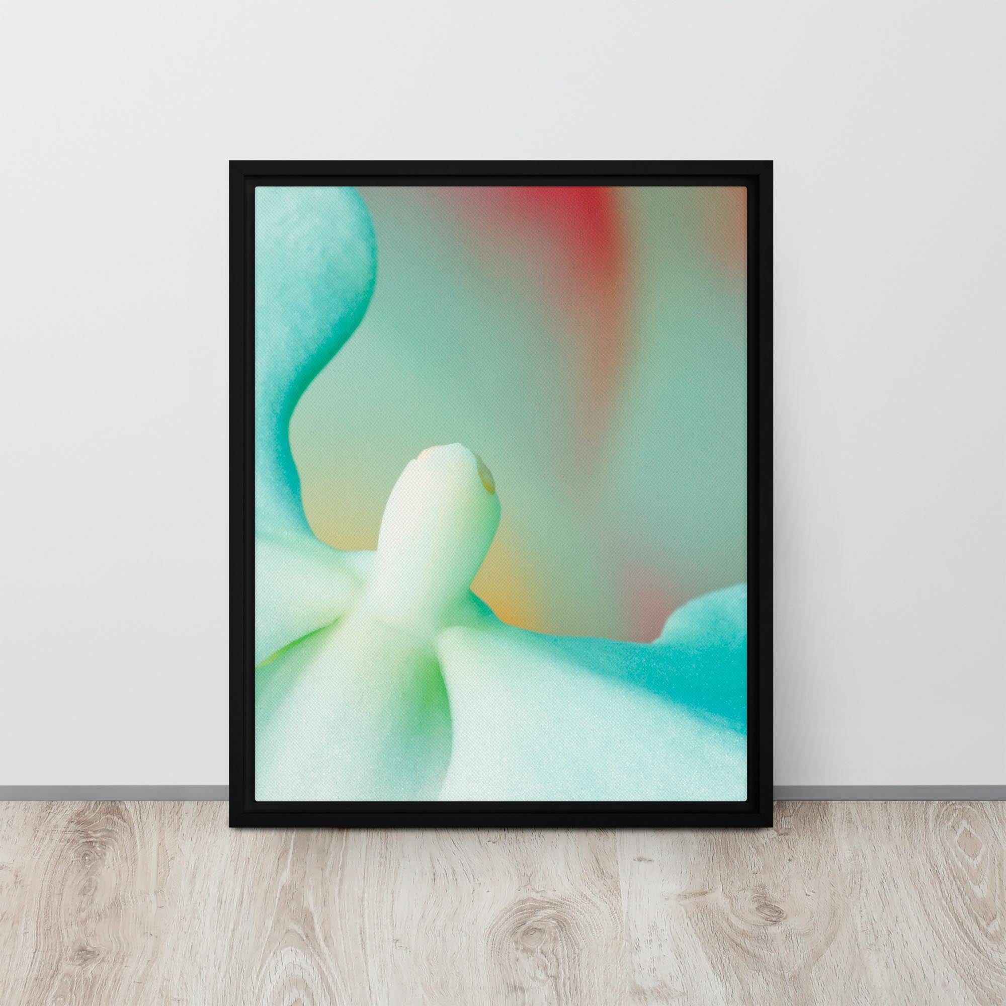Framed abstract art with soft colors on a light background