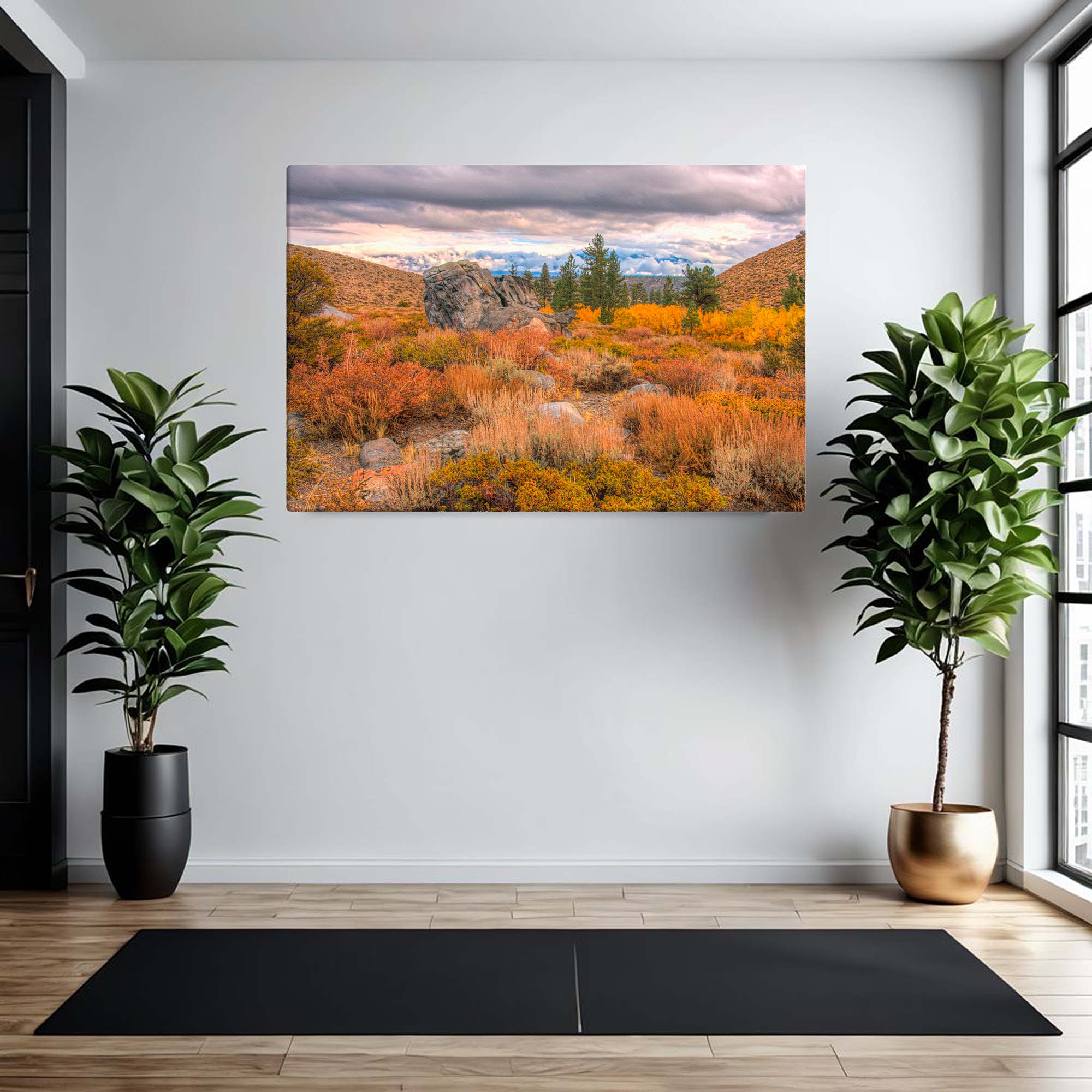 Yoga room with a large wall-mounted canvas showing a mountain landscape with autumn colors, flanked by two potted plants.