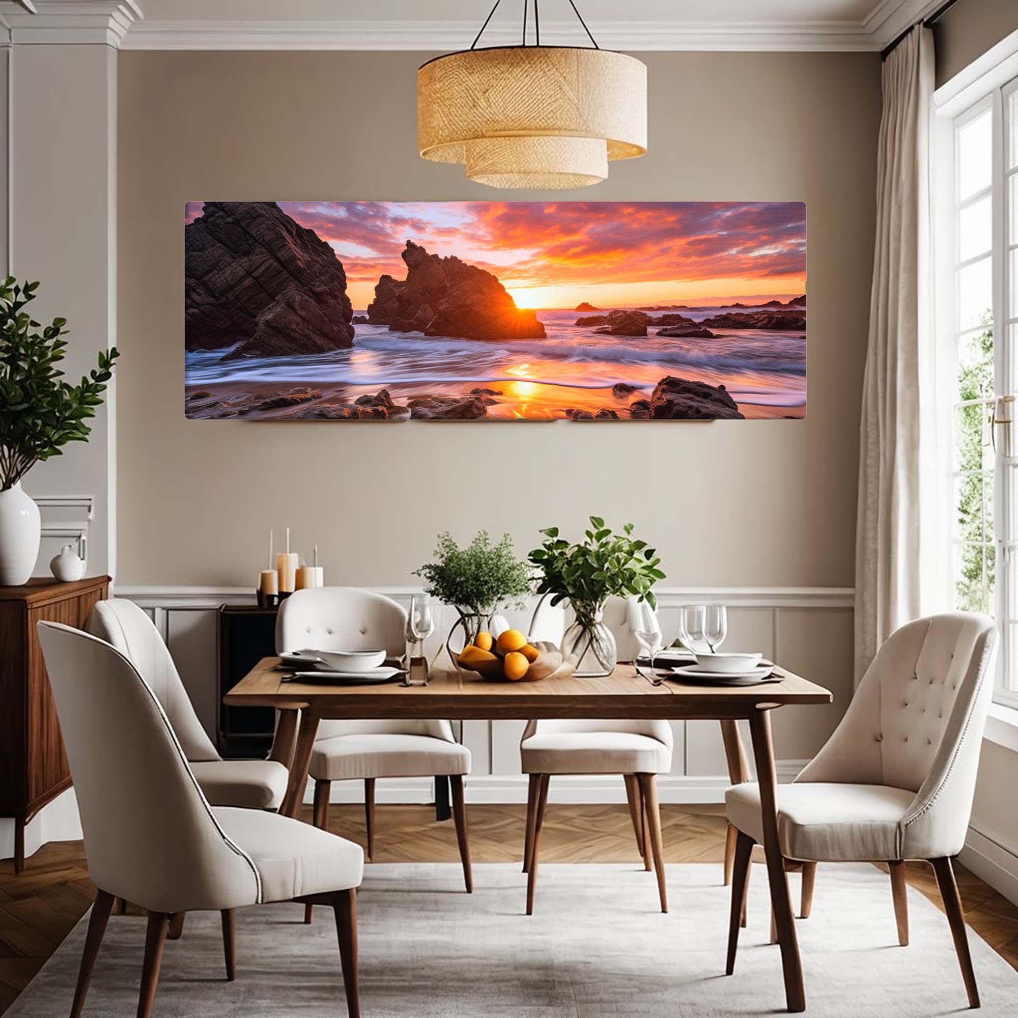 Dining room with a large print of a beach  