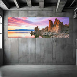 Large wall-mounted  panoramic display of a Mono Lake landscape with sunset in a modern room.