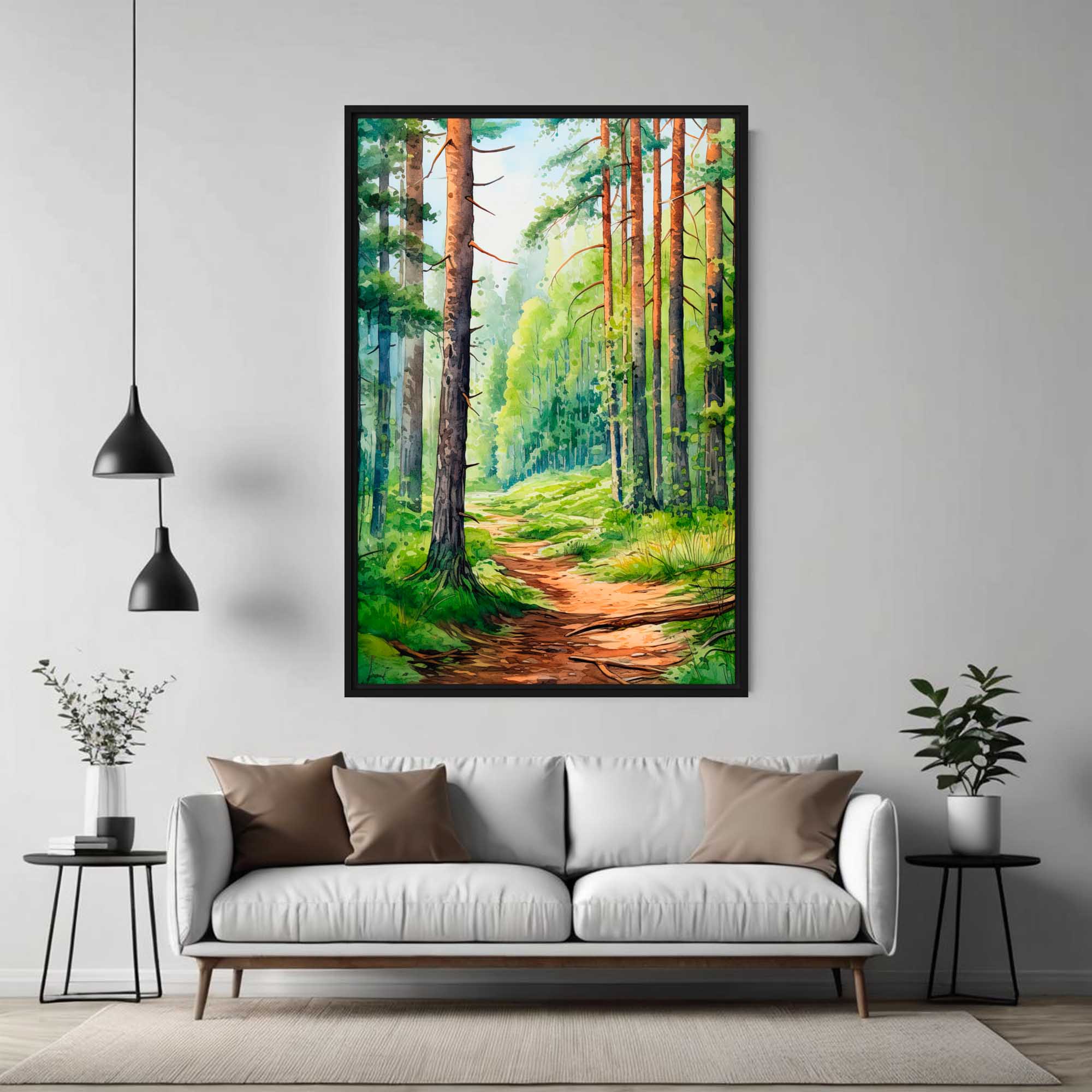 Pathway Through Nature – Art Fusion Framed Canvas  Framed painting of a forest path above a white sofa in a living room.